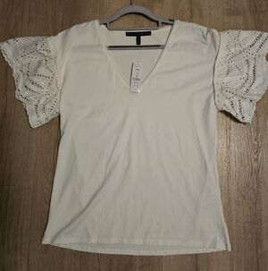 White House Black Market White V-Neck Top with Eyelet Lace Sleeves